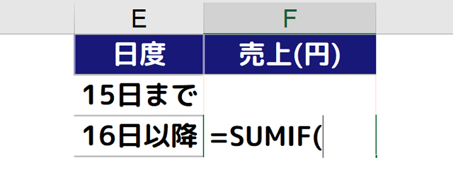 F3セルに［=SUMIF(］と入力される