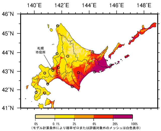 北海道の今後30年間に震度6弱以上の揺れに見舞われる確率