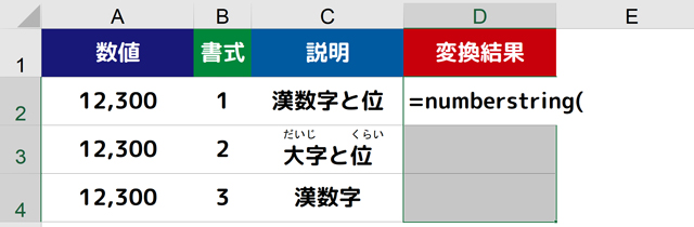 D2セルに=numberstring(と入力