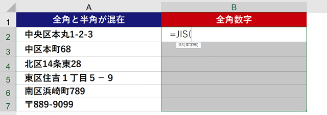 B2セルに=JIS(と入力される