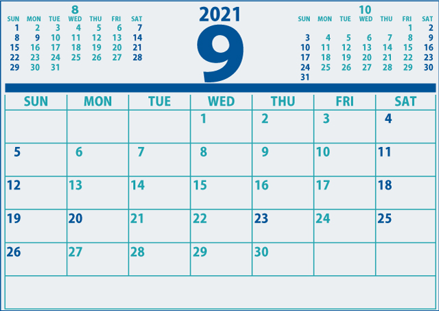 2021年9月カレンダーA4（640×453）［信頼感のある青］３