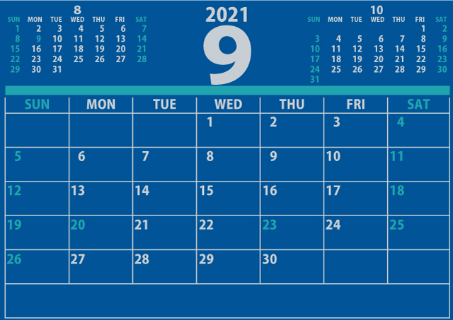2021年9月カレンダーA4（640×453）［信頼感のある青］４