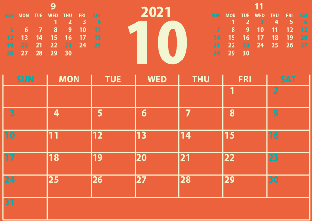【シンプル】カレンダー2021年10月（レトロポップなオレンジ）