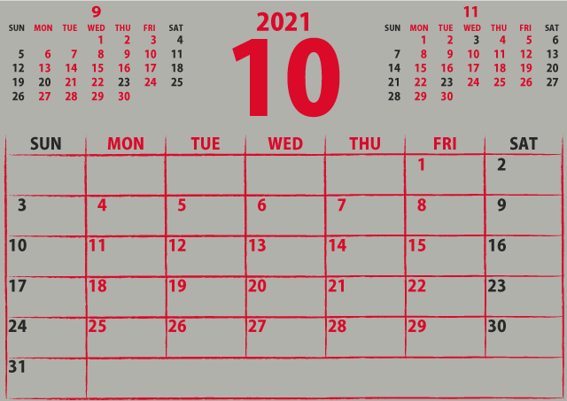 【シンプル】カレンダー2021年10月（情熱を感じる赤）２