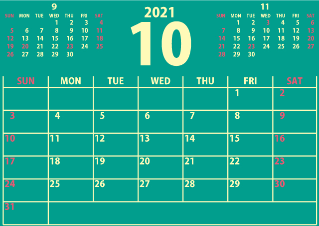 【シンプル】カレンダー2021年10月（新鮮さのあるヘルシーな緑）