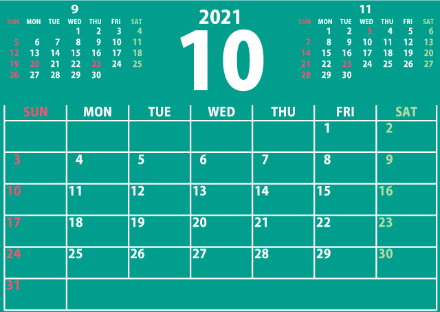 【シンプル】カレンダー2021年10月（新鮮さのあるヘルシーな緑）２
