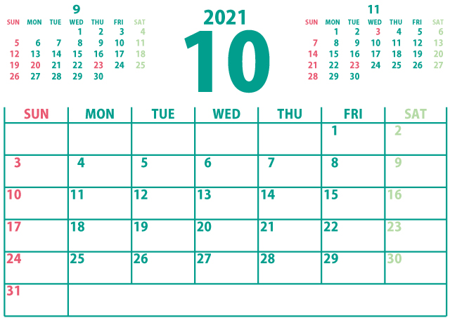 【シンプル】カレンダー2021年10月（新鮮さのあるヘルシーな緑）３