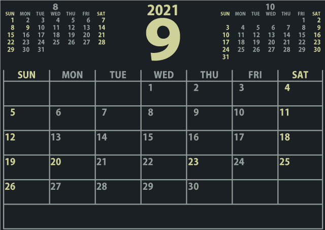 【シンプル】カレンダー2021年9月（640×452）［迫力のある黒］