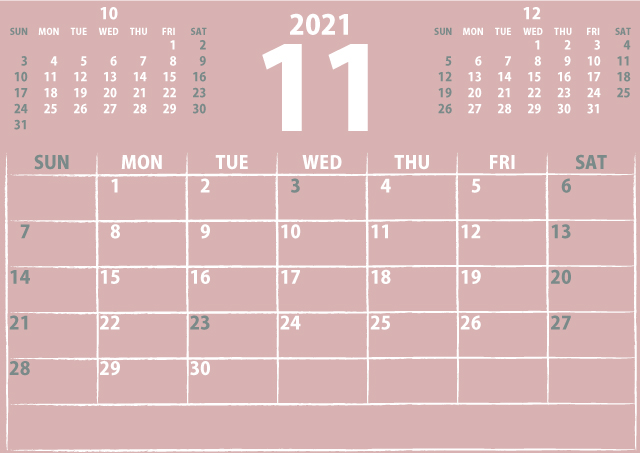 シンプルカレンダー2021年11月（ヌーディーなピンク）３