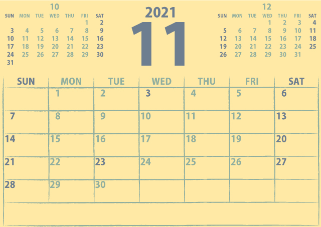シンプルカレンダー2021年11月（優しいクリーミーな黄色）