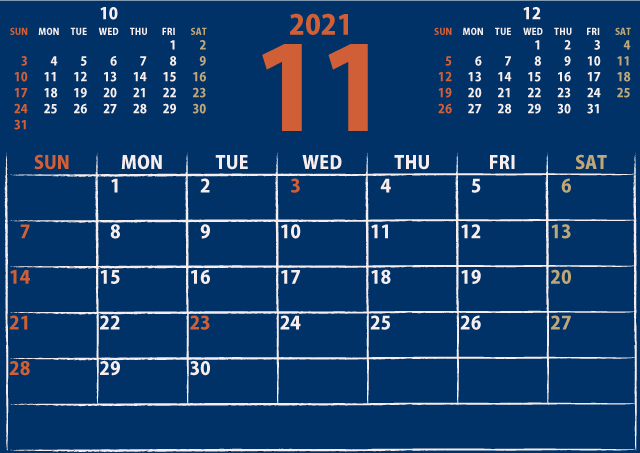 シンプルカレンダー2021年11月（歴史を感じる伝統色）