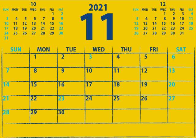 シンプルカレンダー2021年11月（注目を引く黄色）