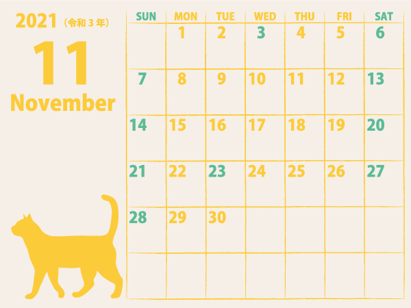 猫のカレンダー21年11月｜黄A（600px）