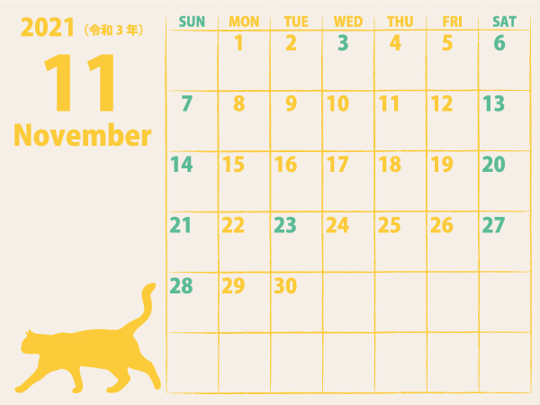 猫のカレンダー21年11月｜黄B（600px）