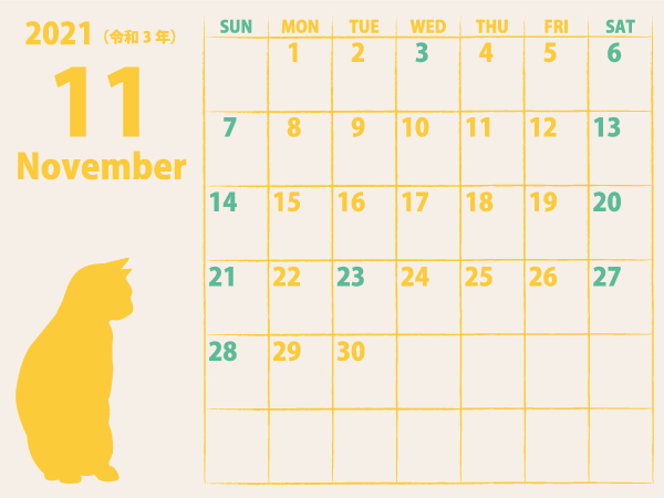 猫のカレンダー21年11月｜黄C（600px）