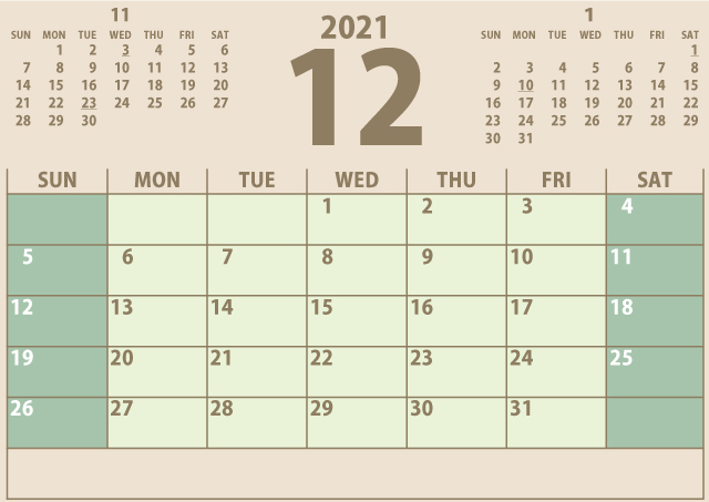 シンプルカレンダー2021年12月（やすらぎを感じる緑）２