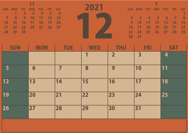 シンプルカレンダー2021年12月（シックにまとめる秋色オレンジ）