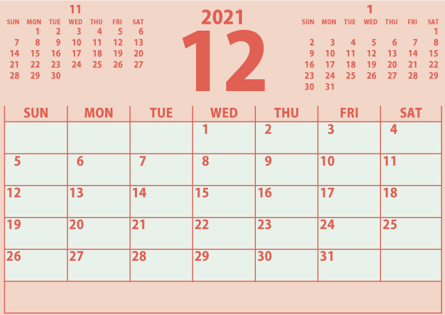 シンプルカレンダー2021年12月（ナチュラルで優しい赤色）