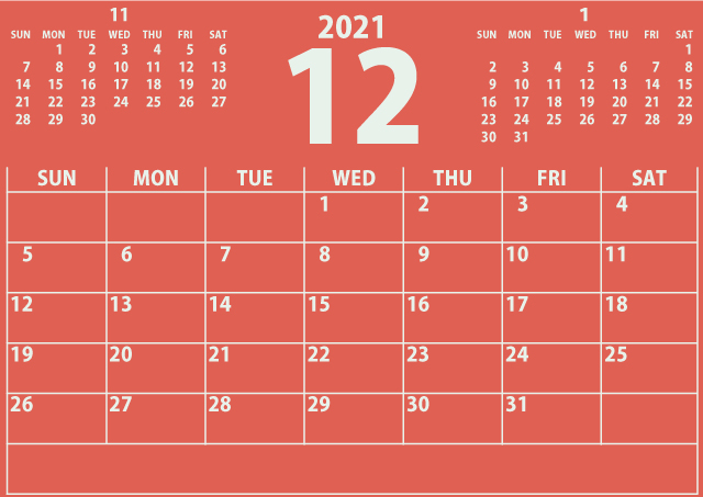 シンプルカレンダー2021年12月（ナチュラルで優しい赤色）２