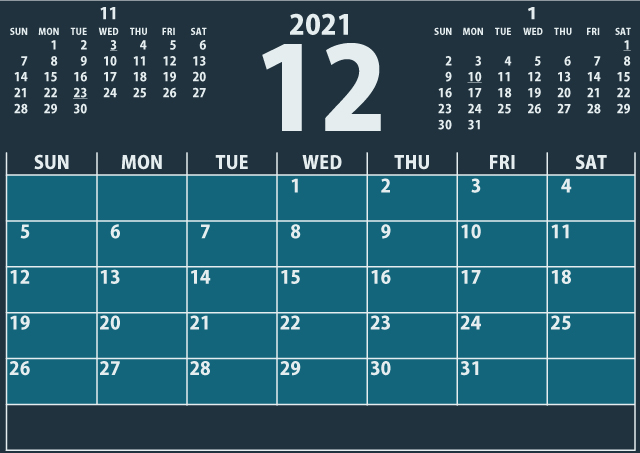シンプルカレンダー2021年12月（洗練された黒）