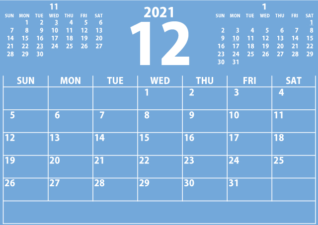 シンプルカレンダー2021年12月（目の覚める青）