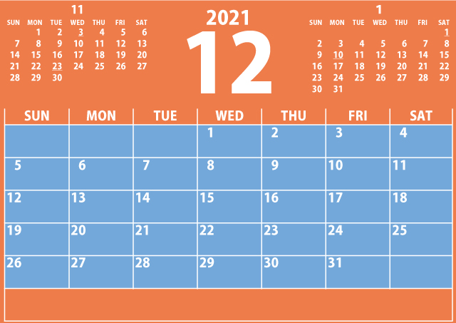 シンプルカレンダー2021年12月（目の覚める青）２