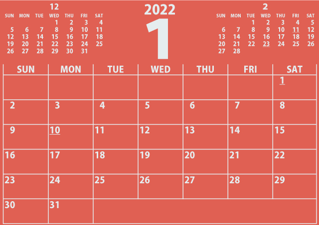 シンプルカレンダー2022年1月（やさしい赤色）