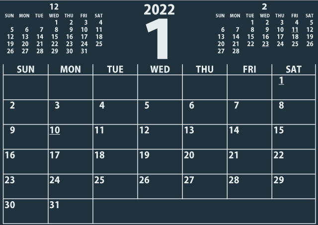 シンプルカレンダー2022年1月（洗練された黒）