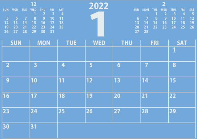 シンプルカレンダー2022年1月（目が覚める青色）