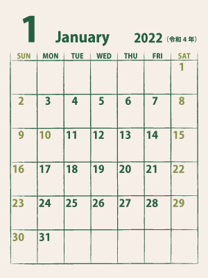 シンプルカレンダー22年1月縦｜緑