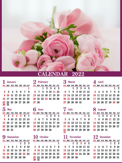 1年カレンダー（2022年･令和4年）写真入り［ピンクのバラ2］（400px）