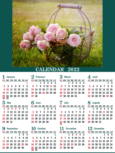 1年カレンダー（2022年･令和4年）写真入り［ピンクのバラ］（400px）