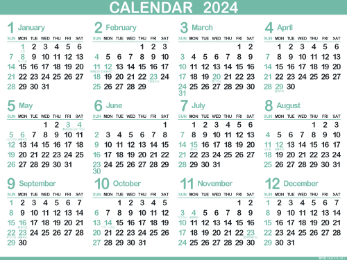 1年カレンダー（2024年･令和6年）青竹色（500px）