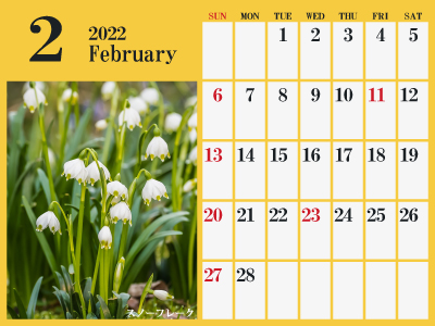 2022年2月シンプルカレンダー（スノーフレーク）（400px）