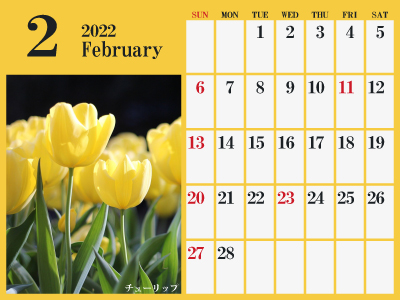 2022年2月シンプルカレンダー（チューリップ）（400px）