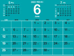 2022年6月シシンプルカレンダー4｜B浅葱色（250px）