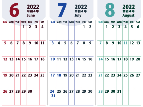 3ヵ月カレンダー（6-7-8）500px
