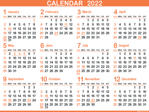 1年カレンダー（2022年･令和4年）人参色（500px）