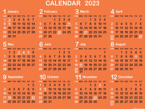 1年カレンダー（2023年･令和5年）B人参色（500px）