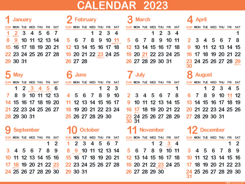 1年カレンダー（2023年･令和5年）人参色（500px）