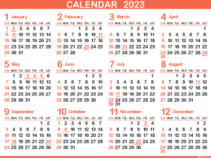 1年カレンダー（2023年･令和5年）銀朱（300px）