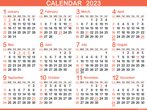 1年カレンダー（2023年･令和5年）銀朱（500px）