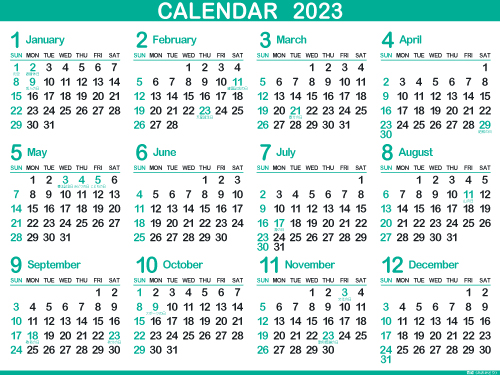1年カレンダー（2023年･令和5年）青緑（500px）
