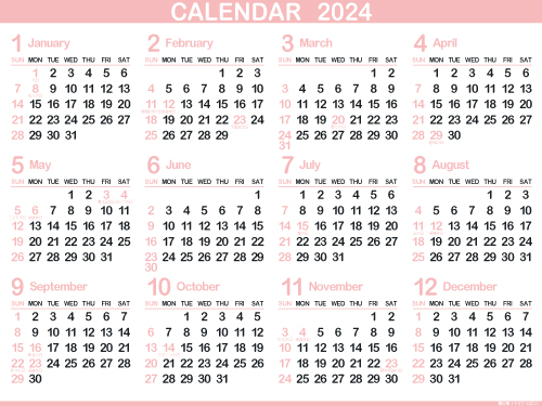 1年カレンダー（2024年･令和6年）薄紅梅（500px）