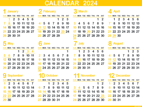 1年カレンダー（2024年･令和6年）赤黄（500px）