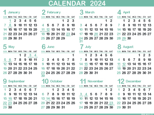 1年カレンダー（2024年･令和6年）青竹色（300px）
