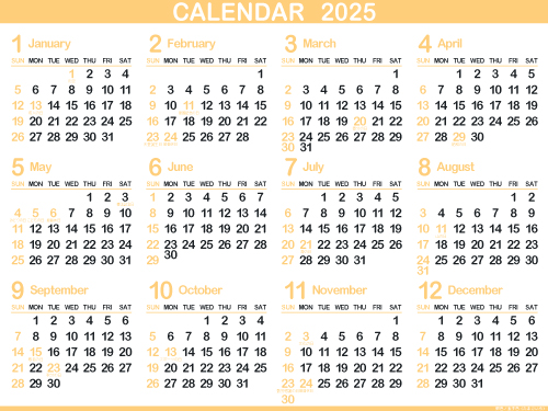 1年カレンダー（2025年･令和7年）卵色／玉子色（500px）
