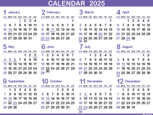 1年カレンダー（2025年･令和7年）菫色（300px）