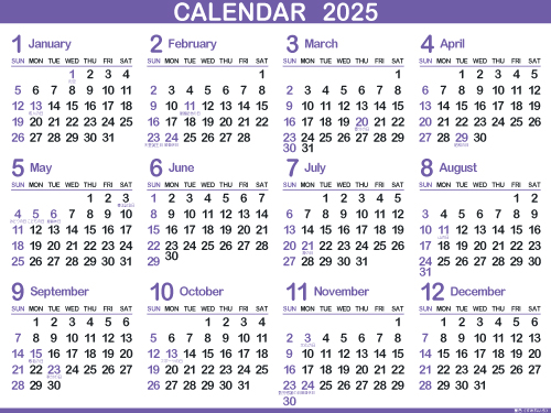 1年カレンダー（2025年･令和7年）菫色（500px）