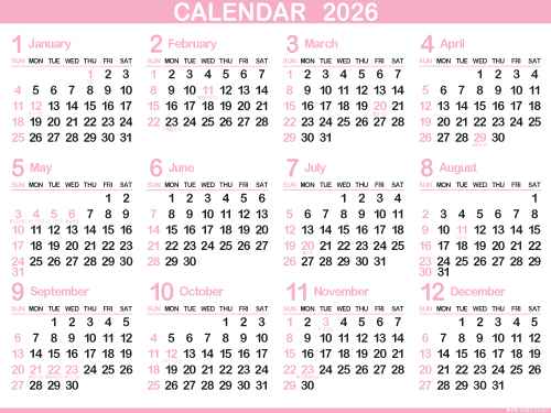 1年カレンダー（2026年･令和8年）撫子色（500px）